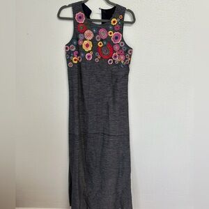 Anthropologie Duet Embroidered Colorful Flowers Navy Striped Cotton Maxi Dress S